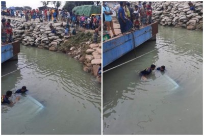 পাটুরিয়া ঘাটে মানুষের ভিড়ে ধাক্কায় যাত্রী বোঝাই মাইক্রোবাস নদীতে! পাটুরিয়া ঘাটে মানুষের ভিড়ে ধাক্কায় যাত্রী বোঝাই মাইক্রোবাস নদীতে!