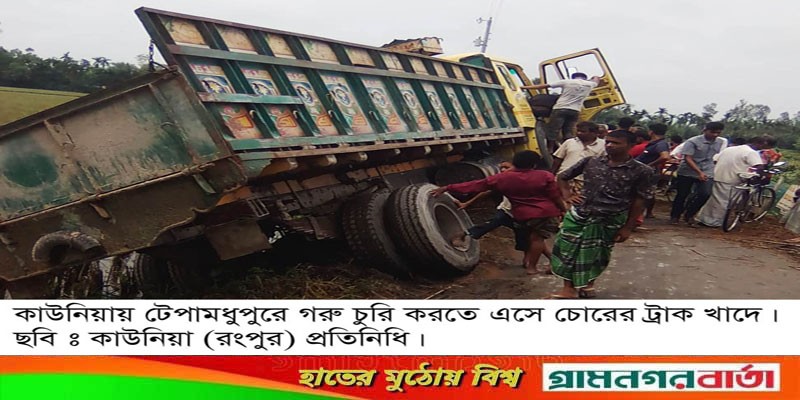 কাউনিয়ায় টেপামধুপুরের গরু চুরি করতে এসে ট্রাক খাদে কাউনিয়ায় টেপামধুপুরের গরু চুরি করতে এসে ট্রাক খাদে